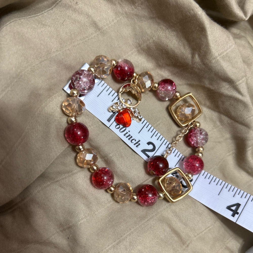 Gold-tone with Red and Clear Glass Beaded Bracelet with Angel Charm - Picture 4 of 4